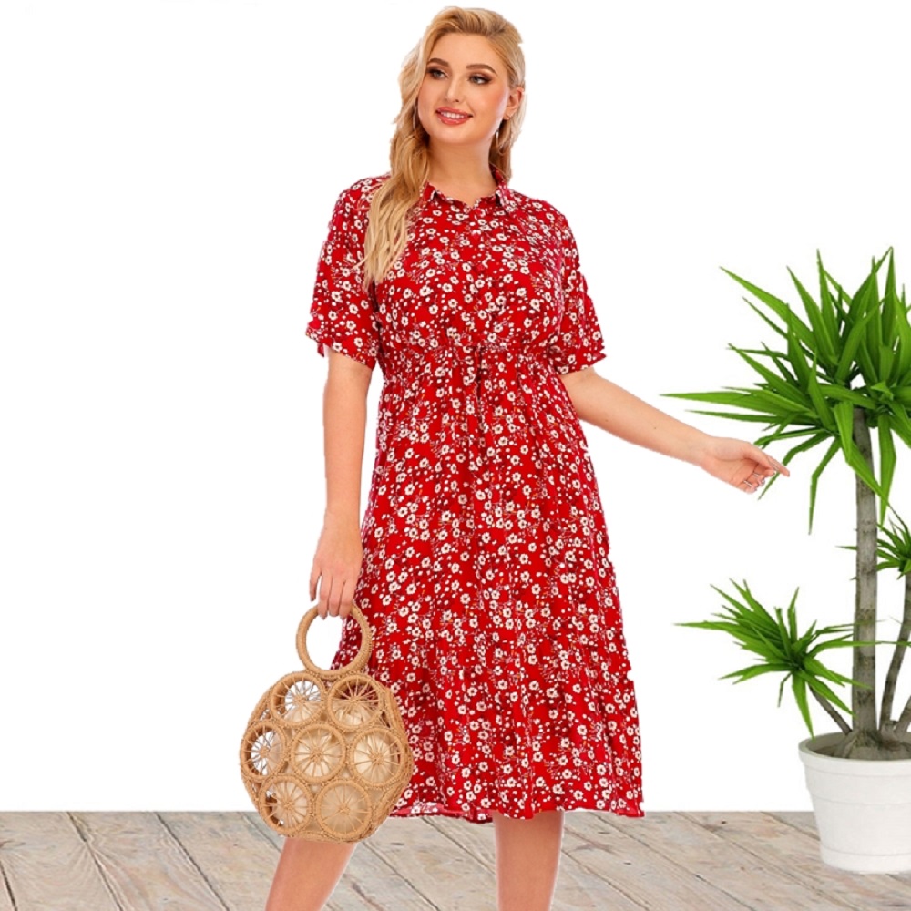 Summer Upf Clothing - فستان نسائي قصير الأكمام برقبة على